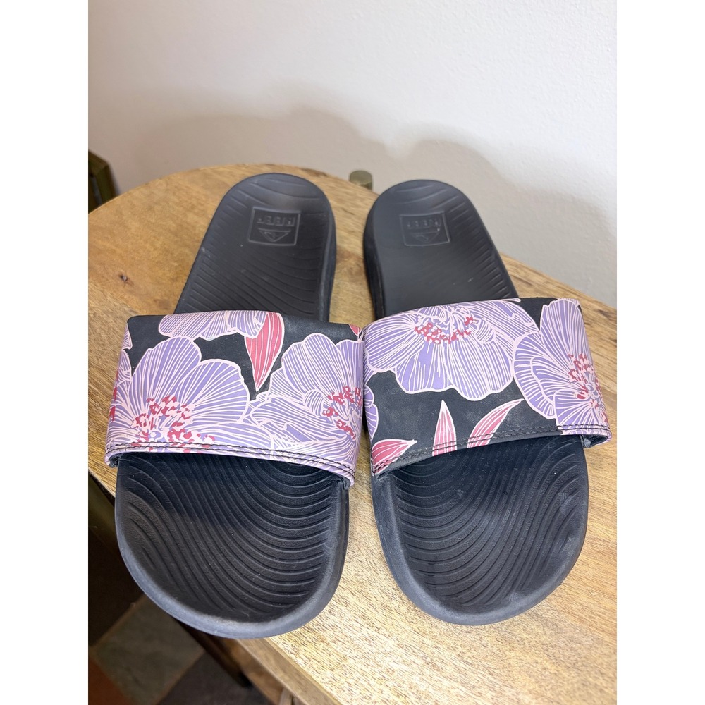 Reef Slide Sandals Black Purple Floral Print Comfort Strap Women Size 10